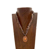 NKS251013-03-LEOPARD-ORG         16'' L print scarf Necklace with orange stone flower concho Pendent
