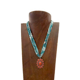 NKS251013-03-LEOPARD-ORG         16'' L print scarf Necklace with orange stone flower concho Pendent