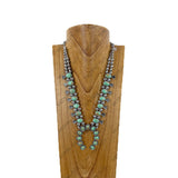 NKY180525-02-LIME GREEN                     21'' Silver with lime green stone squash blossom charm and horse shoe Necklace