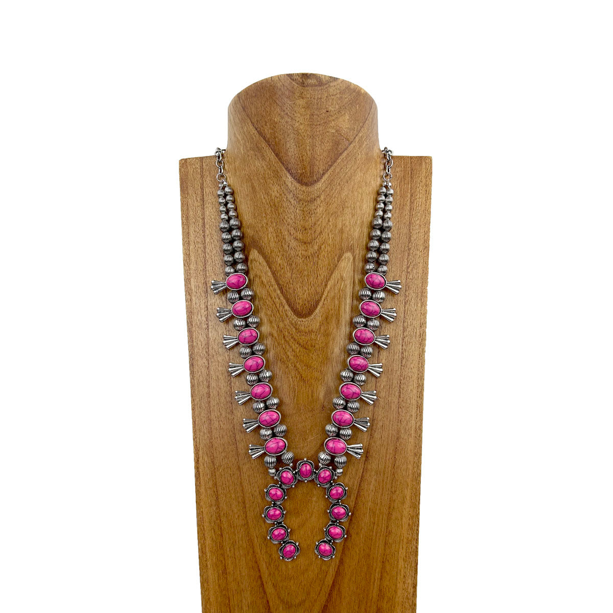 NKY180525-02-HOT PINK	Silver with hot pink stone squash blossom Necklace