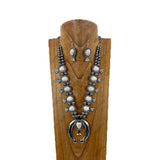 NKY181230-01                  21‘’ Silver Navajo pearl and white stone beads with metal squash blossom Pendent Necklace