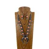 NKY181230-03                   21‘’ Silver Navajo pearl and orange stone beads with metal squash blossom Pendent Necklace