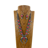 NKY181230-04                       21‘’ Silver Navajo pearl and red stone beads with metal squash blossom Pendent Necklace