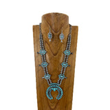 NKY181230-05                 21‘’ Silver Navajo pearl and blue turquoise stone beads with metal squash blossom Pendent Necklace