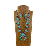 NKY181230-06               21‘’ Silver Navajo pearl and blue turquoise stone beads with metal squash blossom Pendent Necklace