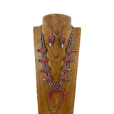 NKY181230-07             21‘’ Silver Navajo pearl and red stone beads with metal squash blossom Pendent Necklace (Copy)