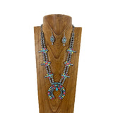 NKY181230-08                   21‘’ Silver Navajo pearl and muti stone beads with metal squash blossom Pendent Necklace