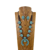 NKY181230-09                   21‘’ Copper Navajo pearl and Blue stone beads with metal squash blossom Pendent Necklace