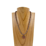NKY210310-03COP-ORANGE       17 inches 6mm copper Navajo pearl beads with small orange stone cross Necklace