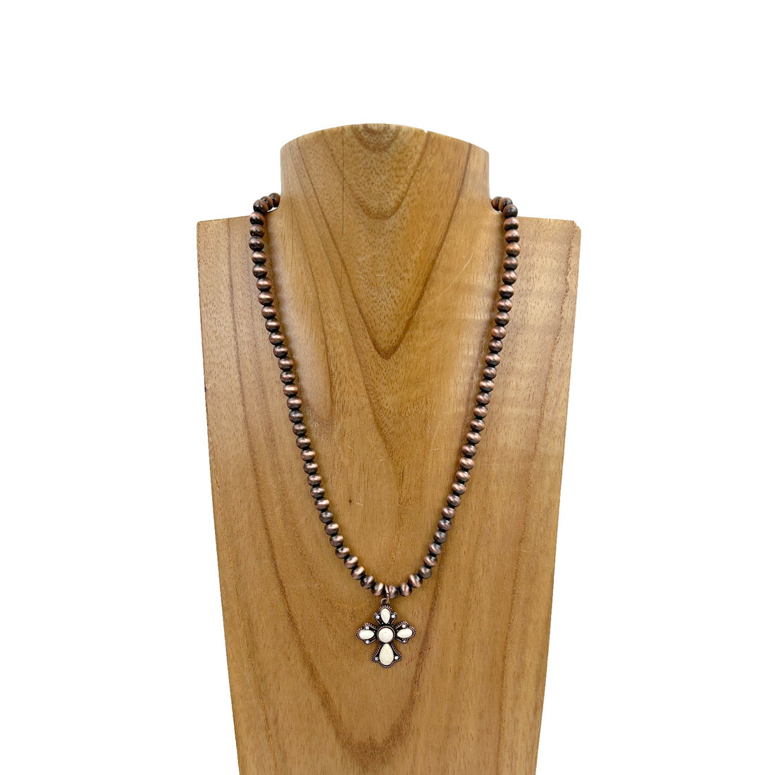 NKY210310-03COP-WHITE       17 inches 6mm copper Navajo pearl beads with small white stone cross Necklace