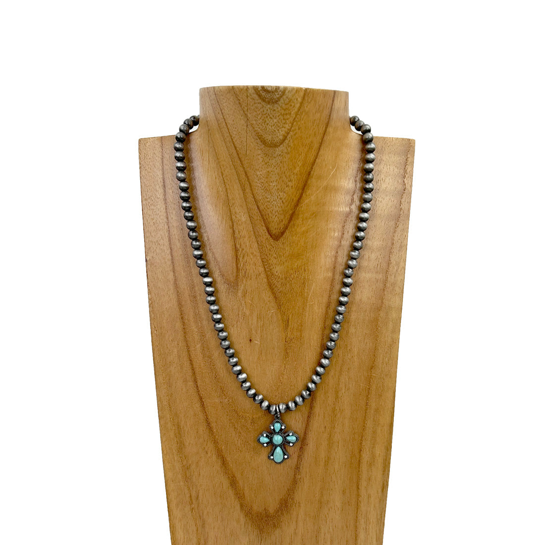 NKY210310-03SL-BLUE        17 inches 6mm silver Navajo pearl beads with small blue turquoise cross Necklace