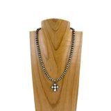 NKY210310-03SL-WHITE       17 inches 6mm silver Navajo pearl beads with small white stone cross Necklace