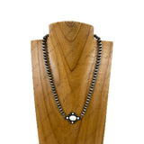 NKY220630-02-ORANGE                16'' Silver Navajo pearl beads with orange stone cross Necklace