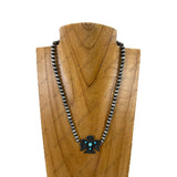 NKY220630-06-BLUE                  16'' Silver Navajo pearl beads with blue turquoise stone Eagle Necklace