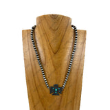 NKY220630-06-BLUE                  16'' Silver Navajo pearl beads with blue turquoise stone Eagle Necklace