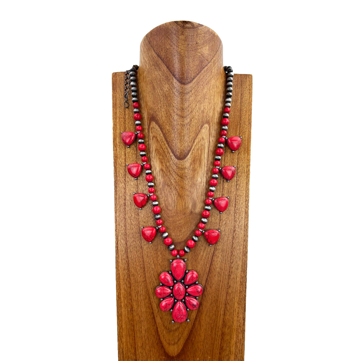 NKY221015-02-RED      "24 Inches red stone and silver Navajo pearl beads necklace  with red stone concho pendent"