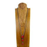 NKY221015-05-RED     30 Inches silver metal chain with three red stone vertical pendent necklace