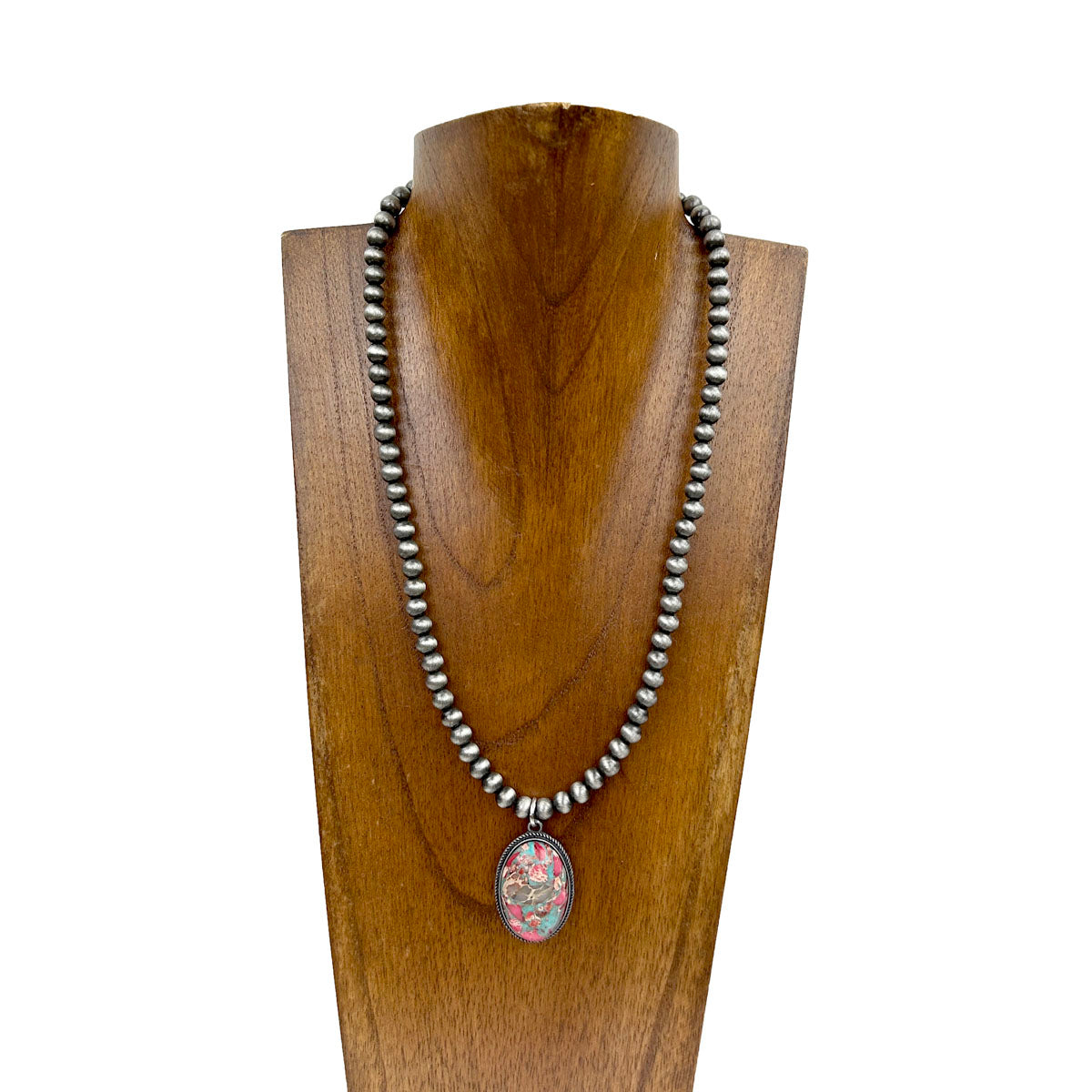 NKY230530-02-A	                           "17 Inches 6mm silver Navajo pearl beads with oval oyster  copper turquoise pendant Necklace"