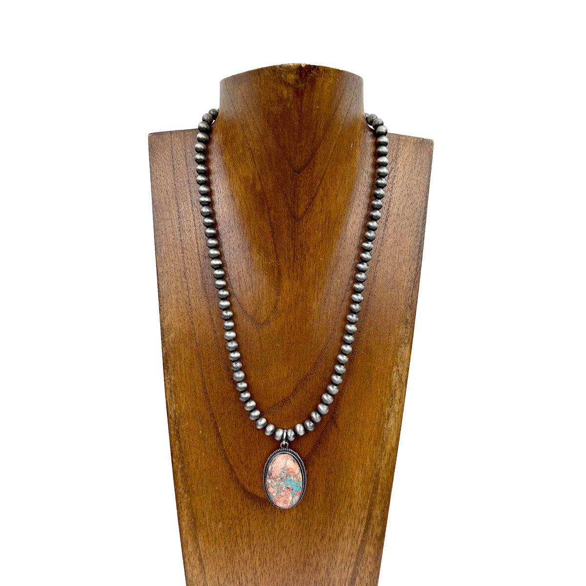 NKY230530-02-B	                    "17 Inches 6mm silver Navajo pearl beads with oval oyster  copper turquoise pendant Necklace"
