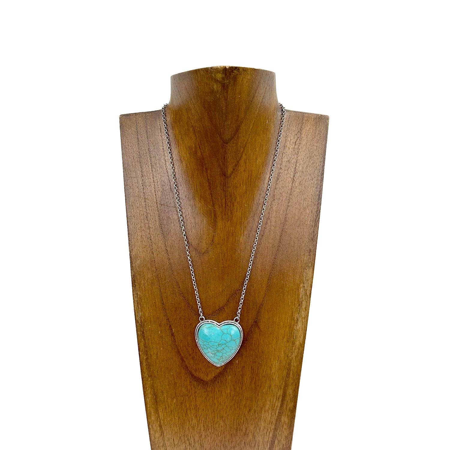 NKY230530-04-BLUE	      Silver metal chain with blue turquoise stone heart Necklace