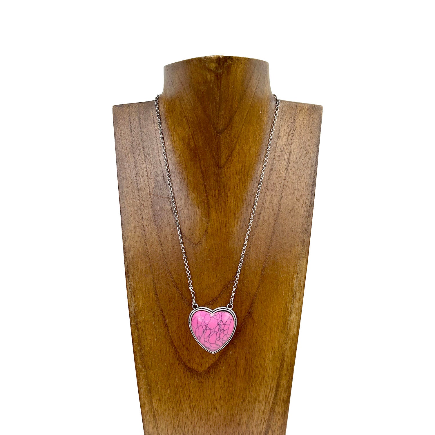 NKY230530-04-HOT PINK      	Silver metal chain with hot pink stone heart Necklace