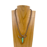 NKY230910-01CP-BLUE            18 inches copper Navajo pearl beads with blue turquoise stone  long horn pendent Necklace
