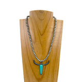 NKY230910-01SL-BLUE           18 inches silver Navajo pearl beads with blue turquoise stone  long horn pendent Necklace