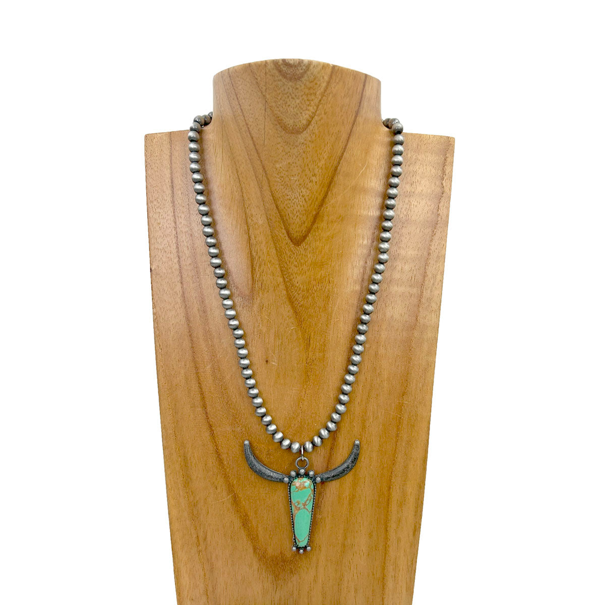 NKY230910-01SL-BLUE           18 inches silver Navajo pearl beads with blue turquoise stone  long horn pendent Necklace