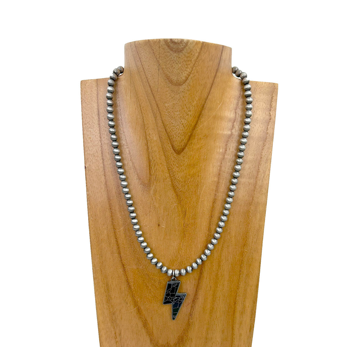 NKY230910-02SL-BLUE             18 inches silver Navajo pearl beads with blue turquoise stone lightning bolt pendent Necklace