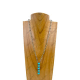 NKY230910-03-BLUE                  22 Inches silver metal chain with blue turquoise stone long bar Necklace
