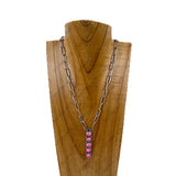 NKY230910-03-HOT PINK                22'' Inches silver metal chain with hot pink stone bar Necklace