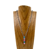 NKY230910-03-HOT PINK                22'' Inches silver metal chain with hot pink stone bar Necklace