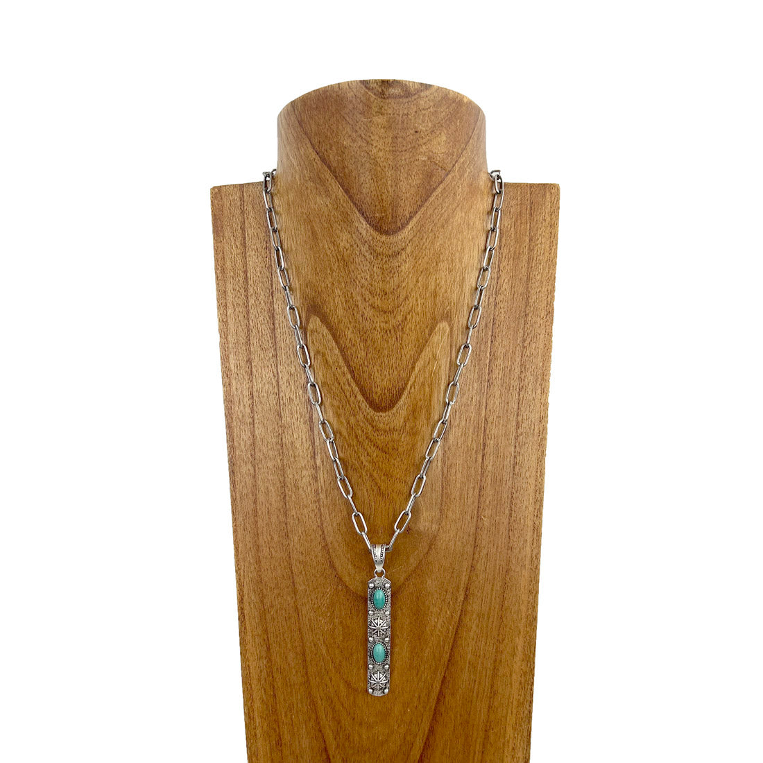 NKY230910-07-BLUE             21 inches silver metal chain with oval blue turquoise stone long bar pendent Necklace