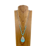 NKY230910-09-BLUE     30 inches silver metal chain and blue turquoise stone beads with oval blue turquoise stone teardrop pendent Necklace