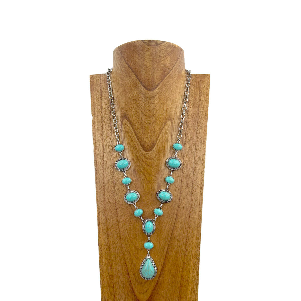 NKY230910-11-BLUE                  26 inches silver metal chain with blue turquoise stone" Y" shape Necklace
