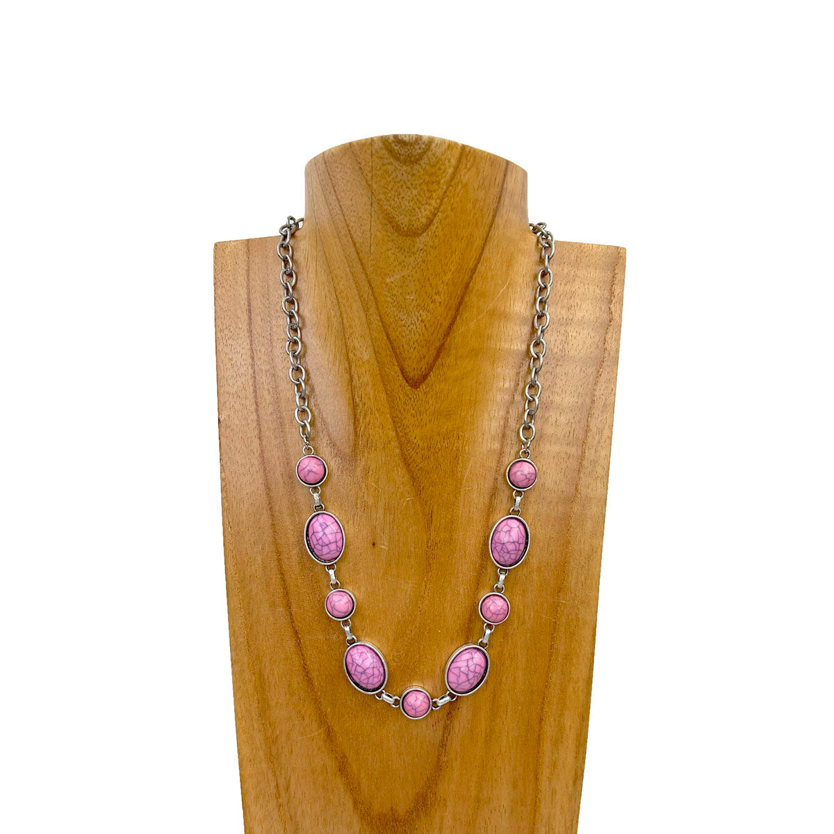 NKY230910-15-PINK                   19 inches silver metal chain with pink oval stone Necklace