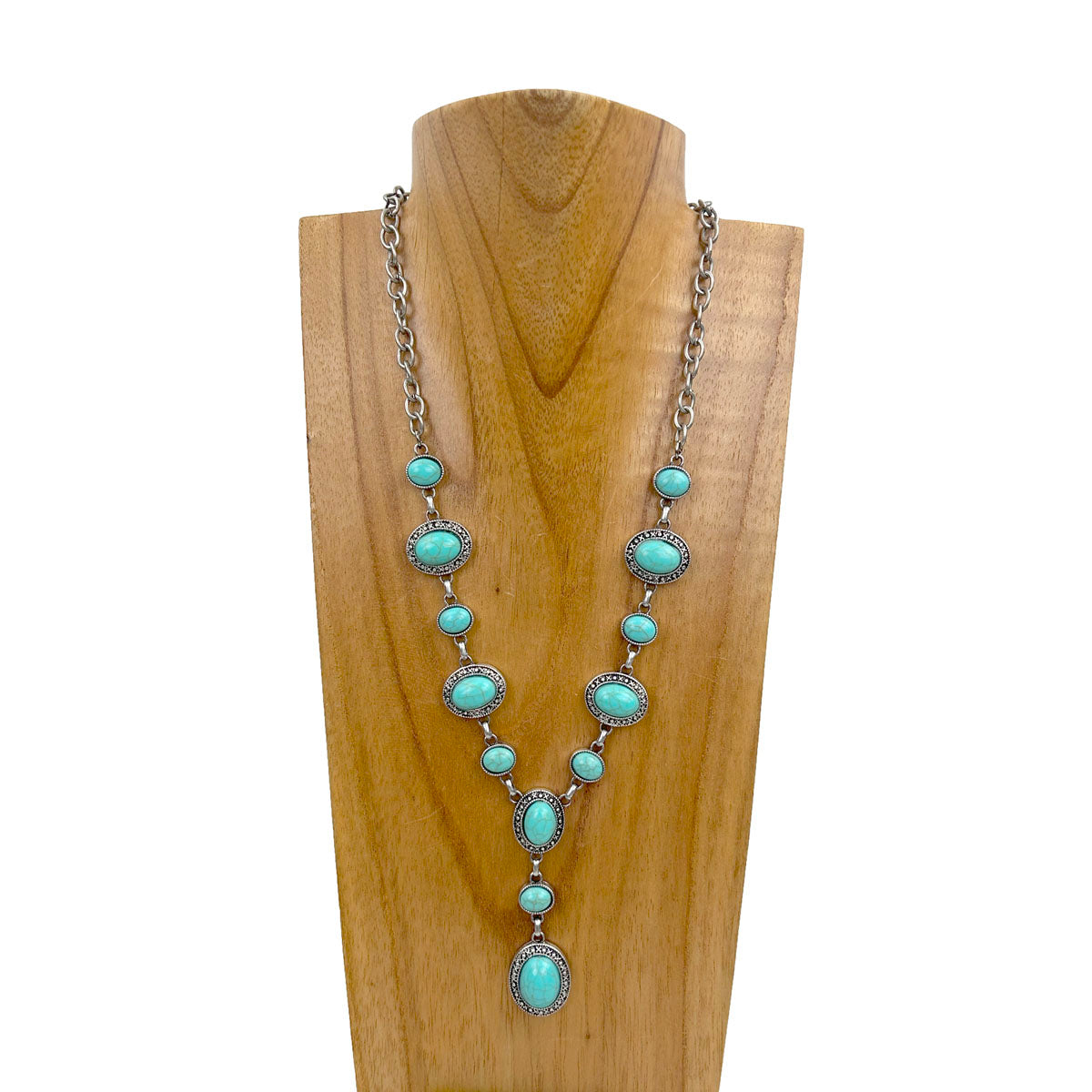 NKY230910-16-BLUE          20 inches silver metal chain with blue oval turquoise stone" Y" shape Necklace