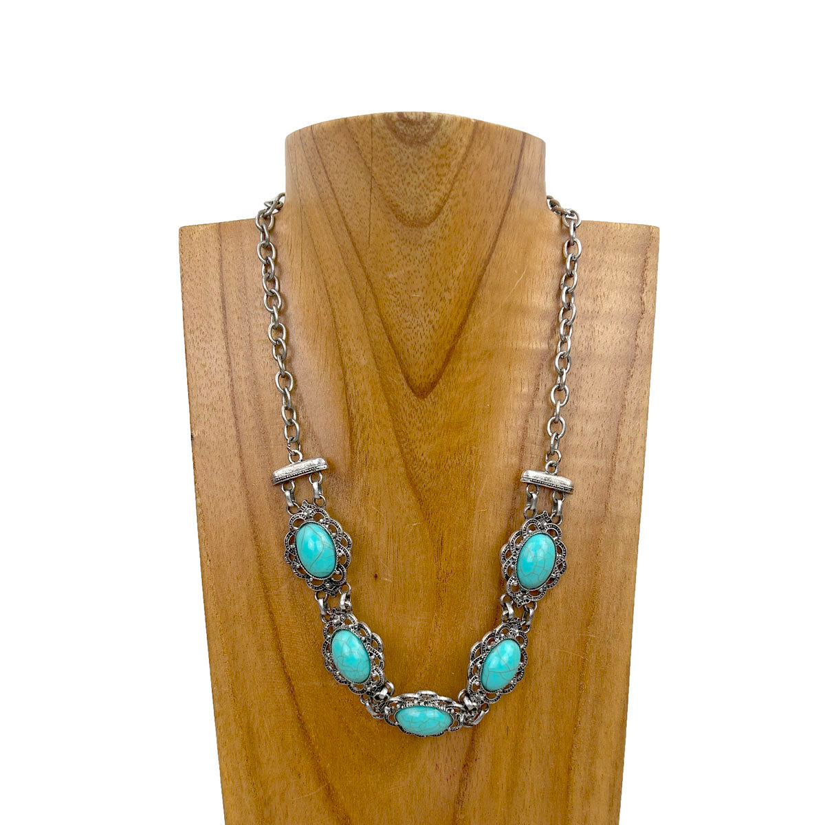 NKY230910-17                  18 inches silver metal chain with blue oval turquoise stone Necklace