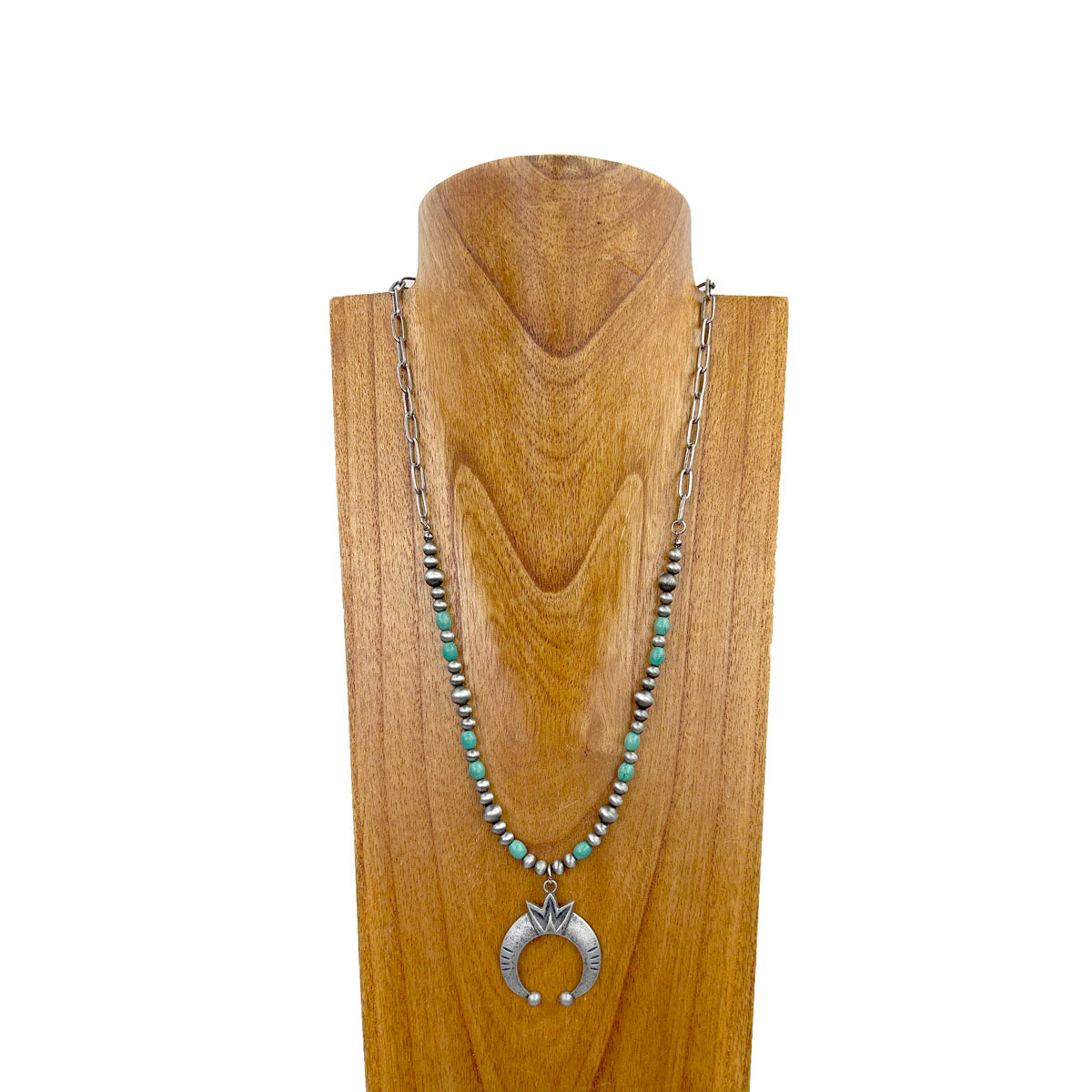 NKY231115-03-BLUE   30 inches silver metal chain and blue turquoise stone with silver squash blossom pendent Necklace