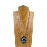 NKY240125-01-BLUE                             23 inches silver metal chain with large blue turquoise stone flower concho pendent Necklace