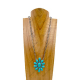 NKY240125-01-BLUE                             23 inches silver metal chain with large blue turquoise stone flower concho pendent Necklace