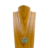 NKY240125-02-GREEN                        21 inches silver metal chain with green turquoise stone flower concho pendent Necklace
