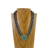 NKY240125-03-GREEN                     16'' double silver Navajo pearl beads strings with green flower concho Necklace