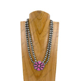 NKY240125-03-WHITE                   17 inches double silver Navajo pearl beads chain with white stone flower concho pendent Necklace