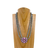 NKY240125-03-WHITE                   17 inches double silver Navajo pearl beads chain with white stone flower concho pendent Necklace