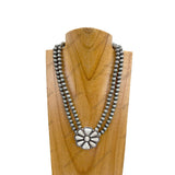 NKY240125-03-WHITE                   17 inches double silver Navajo pearl beads chain with white stone flower concho pendent Necklace