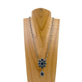 NKY240125-04-BLUE                     22 inches silver metal chain with blue turquoise stone flower concho pendent Necklace