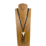 NKY240212-06                      32 Inches black leather with cream white long horn pendent Necklace
