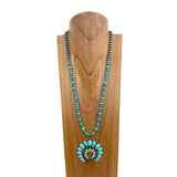 NKY241010-01-BLUE            30'' Silver Navajo pearl and  blue turquoise stone with squash blassom pendant Necklace