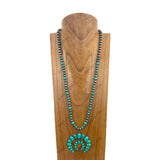NKY241010-01-BLUE            30'' Silver Navajo pearl and&nbsp; blue turquoise stone with squash blassom pendant Necklace